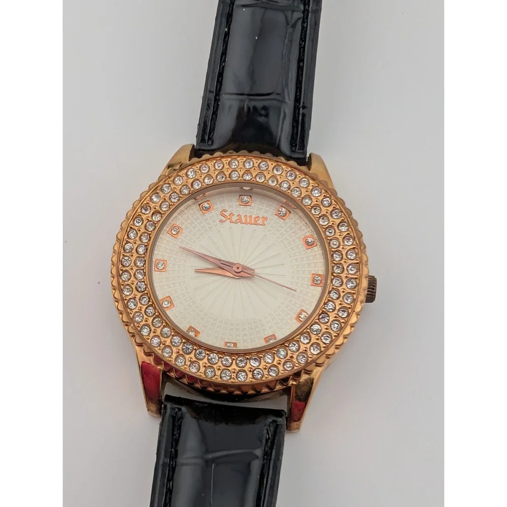 Stauer Sirene Watch Women 38mm Rose Gold Tone Black Leather‎ Band- New Battery